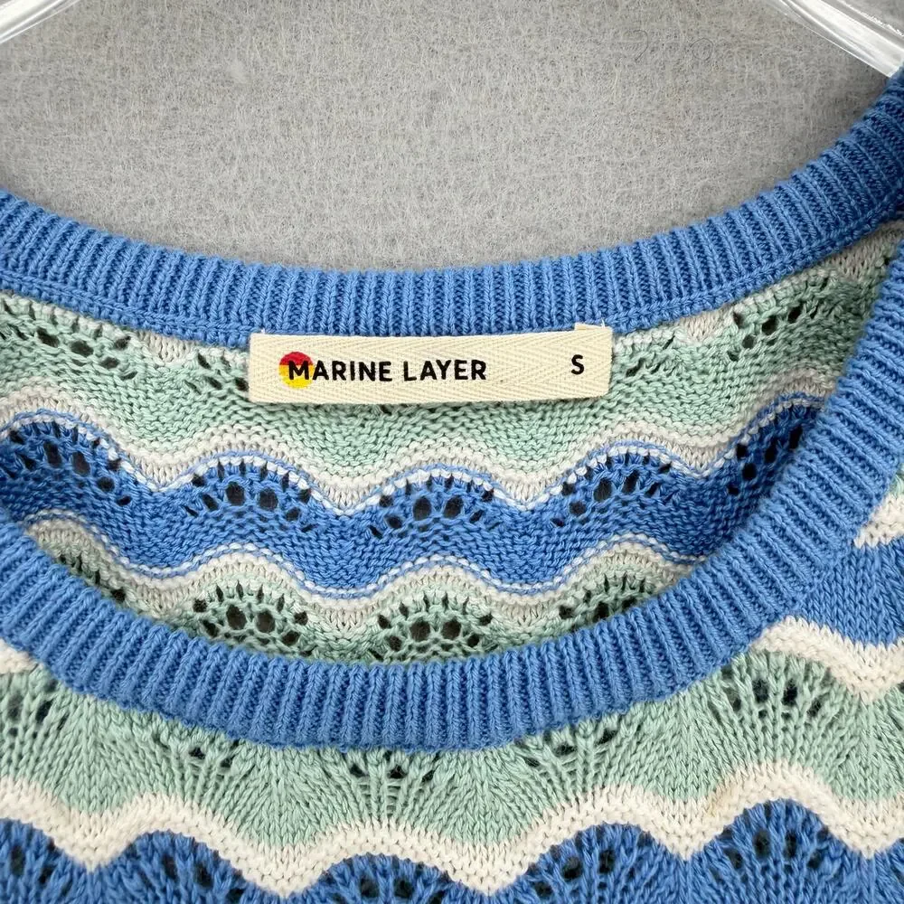 Marine Layer Blue White 100% Cotton Scalloped Wavy Knit Sleeveless Sweater Tank